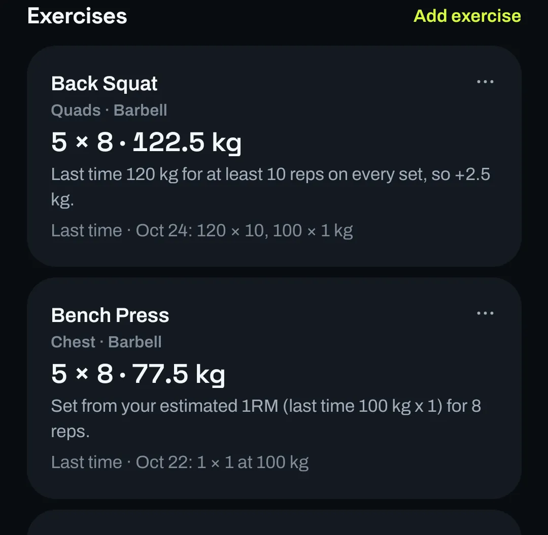 The next workout after a logged session: Back Squat 5 × 8 at 122.5 kg with the reason “Last time 120 kg for at least 10 reps on every set, so +2.5 kg”, and Bench Press 5 × 8 at 77.5 kg set from the estimated 1RM of the last session.