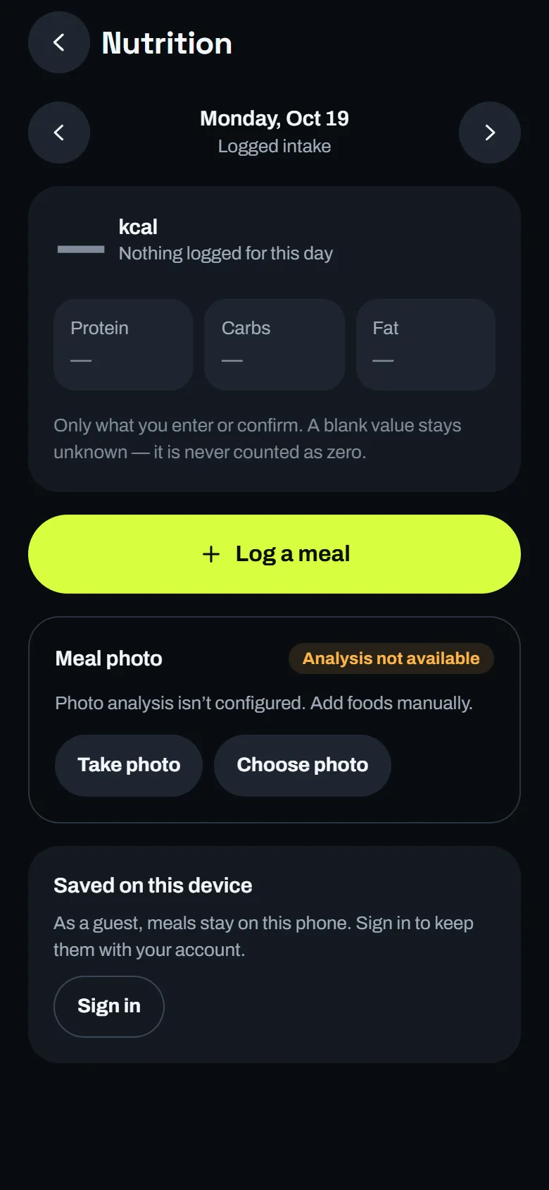 The Nutrition screen for a day with nothing logged, showing unknown calories and macros as dashes, a Log a meal button, and a Meal photo card marked Analysis not available.