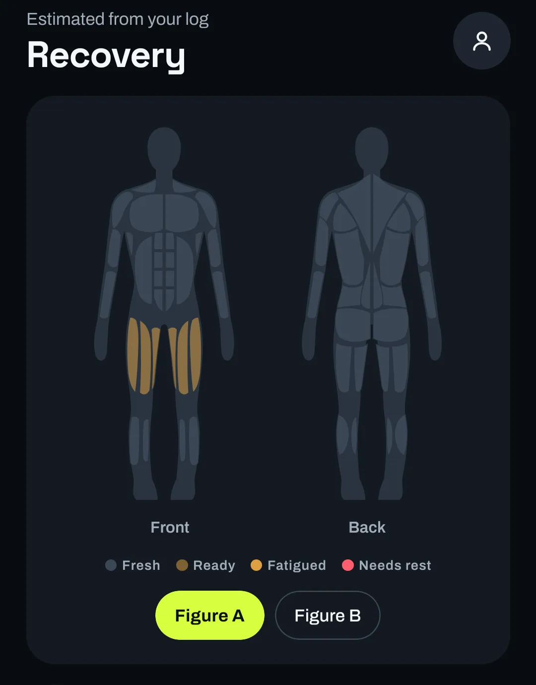 The Recovery tab, estimated from your log: front and back body figures with the quads and glutes shaded, and a legend of Fresh, Ready, Fatigued and Needs rest.