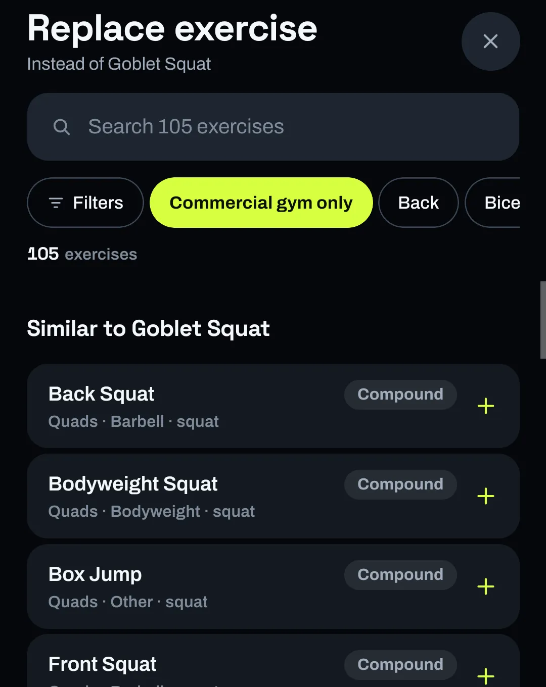 The Replace exercise screen for Goblet Squat: a search field for 105 exercises, a Commercial gym only filter, and a list of similar compound exercises such as Back Squat, Bodyweight Squat, Box Jump and Front Squat.