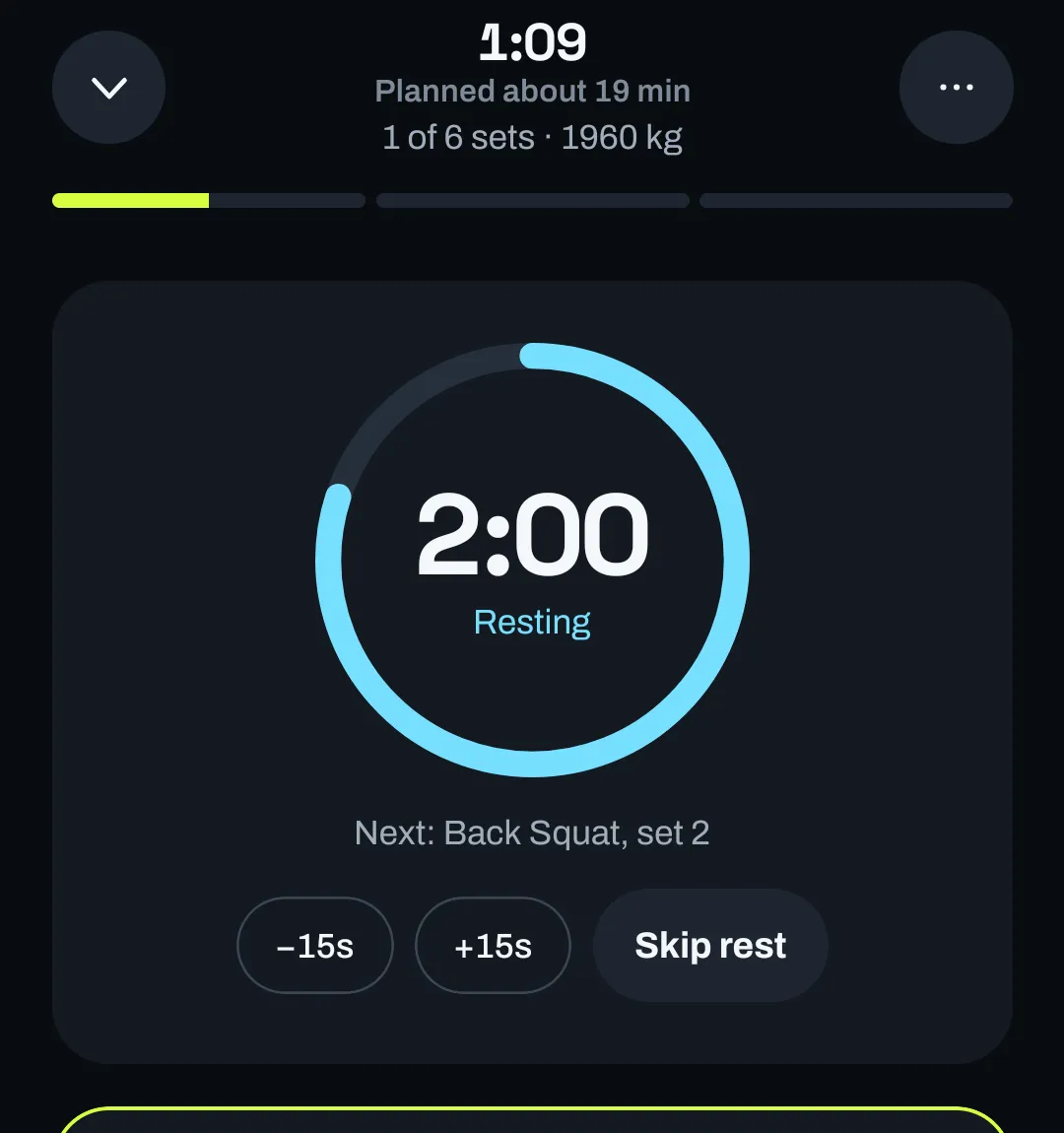 The logger during rest: a cyan countdown ring reading 2:00, Resting, Next: Back Squat, set 2, with buttons for minus 15 seconds, plus 15 seconds and Skip rest.