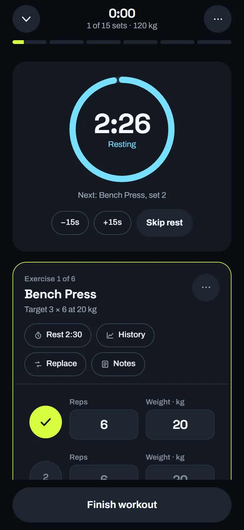 The active workout screen during rest, with a cyan countdown ring reading 2:26 and buttons for minus 15 seconds, plus 15 seconds and Skip rest.