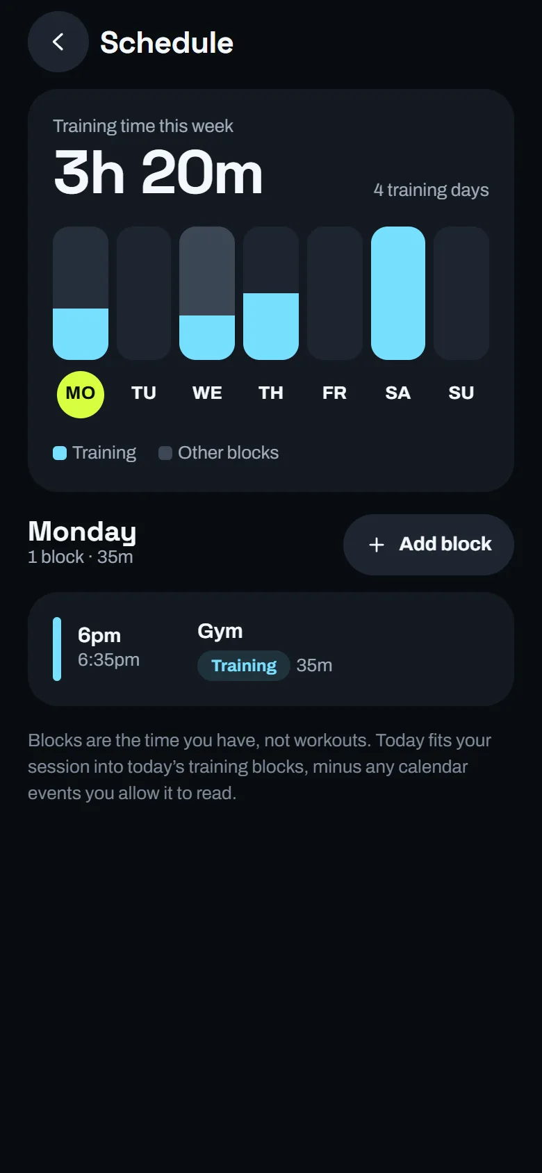 The Schedule screen with a weekly bar chart of training minutes, a total of 3 hours 20 minutes, and Monday showing one 35 minute Gym training block.