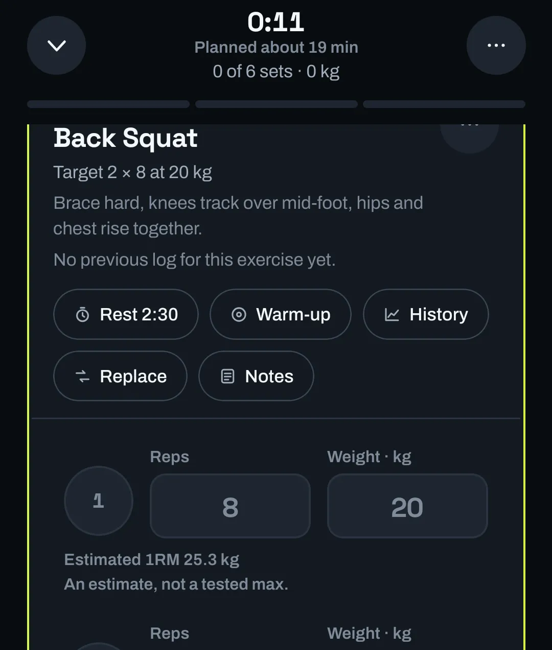 The workout logger on Back Squat: target 2 × 8 at 20 kg, a form cue, buttons for Rest, Warm-up, History, Replace and Notes, and a set row with 8 reps and 20 kg, showing Estimated 1RM 25.3 kg, an estimate, not a tested max.