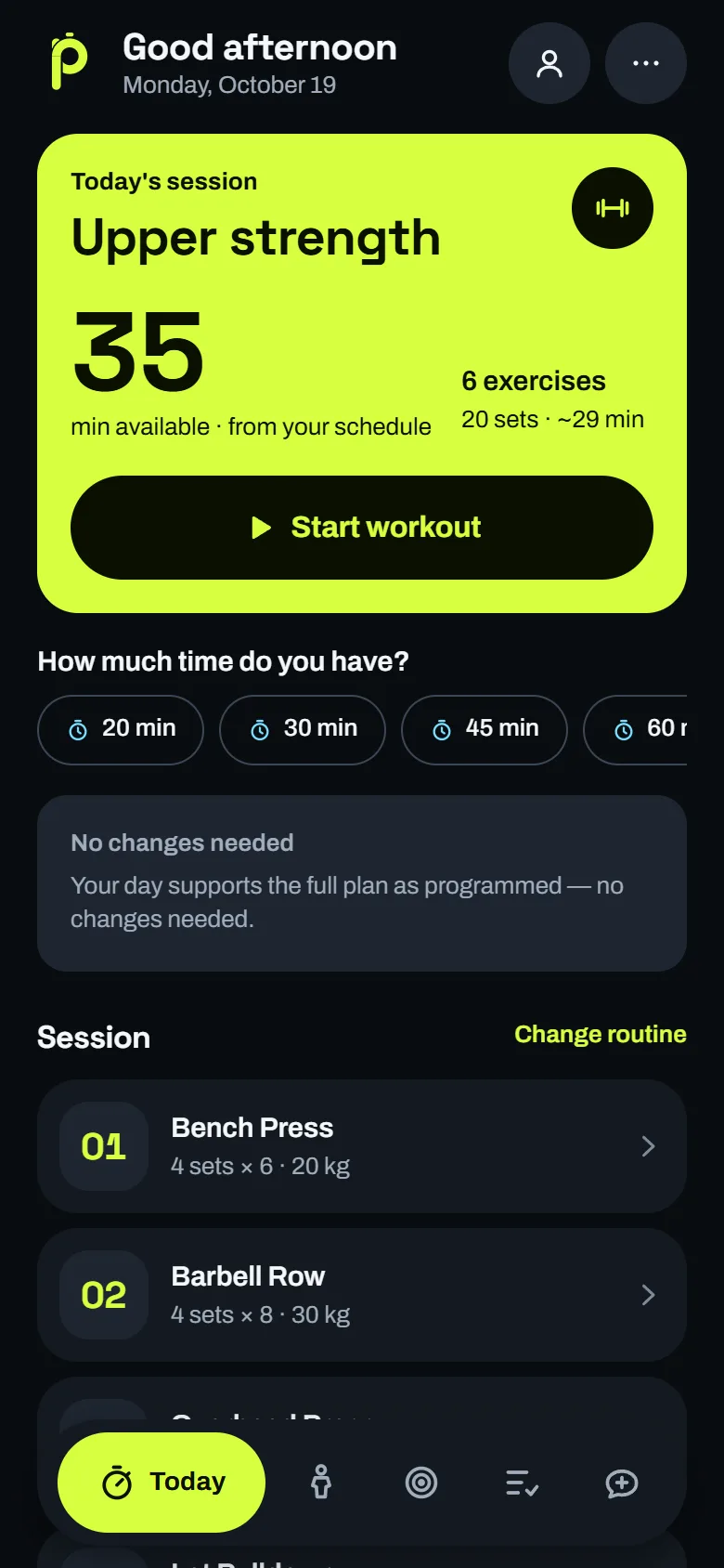 The Today screen: a lime card showing an Upper strength session with 35 minutes available, a Start workout button, time chips from 20 to 60 minutes and the first two exercises.